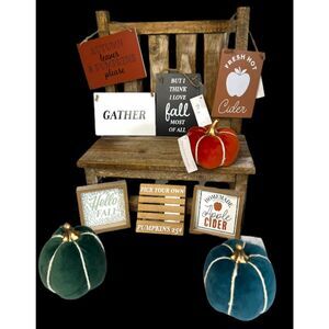 Fall Themed Decor For Tiered Trays & Displays Velvet Pumpkins Mini Signs Set/10